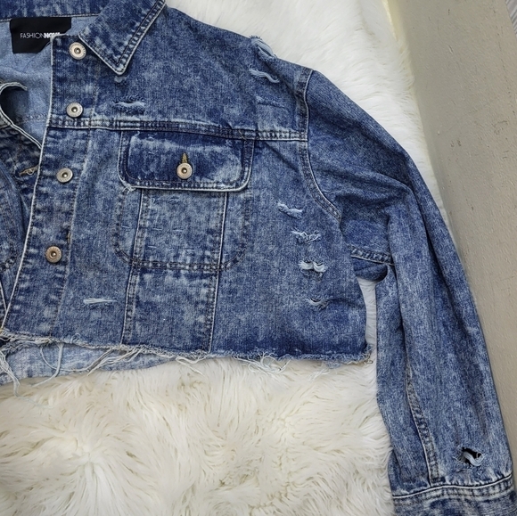 Fashion Nova's Distressed Designer Style Crop Jean Jacket - Picture 6 of 6